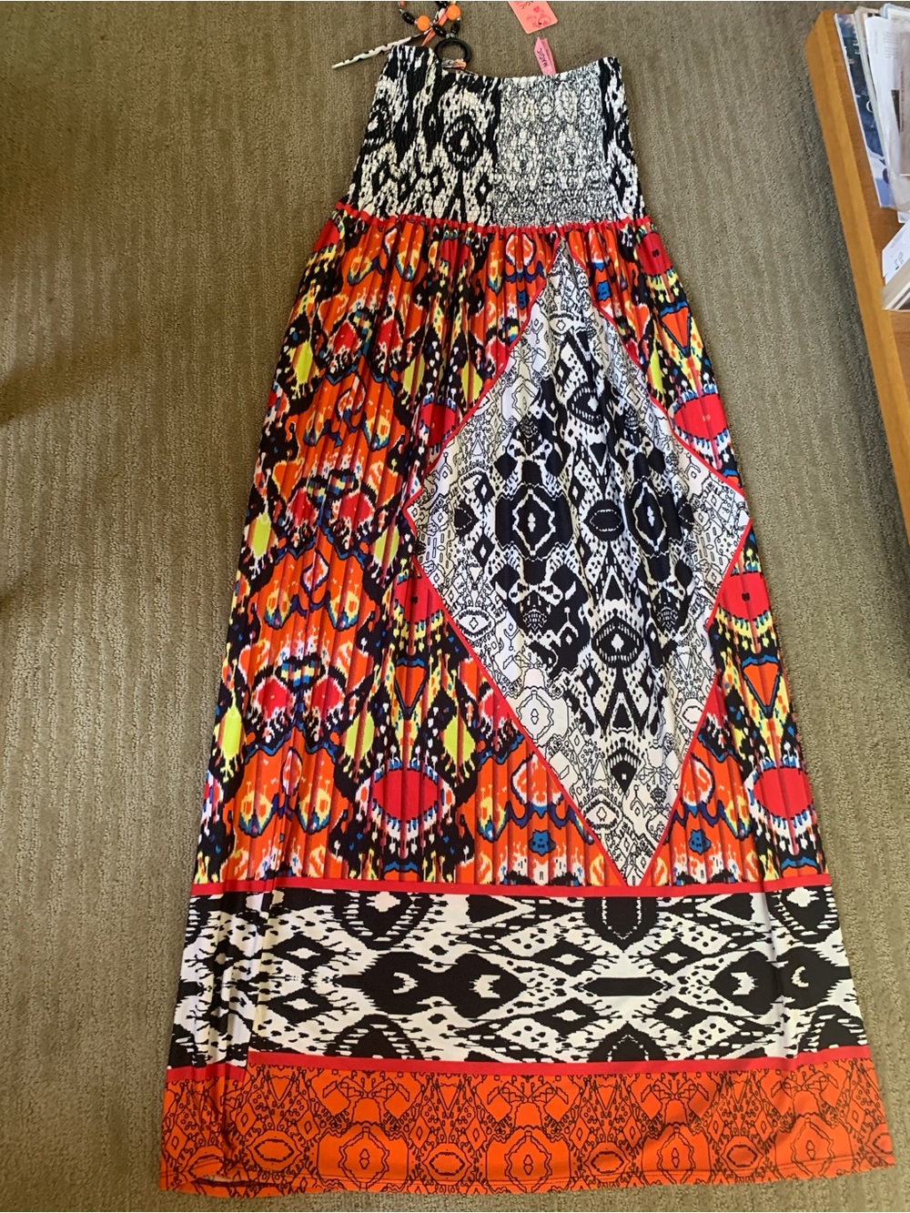 Magic Orange Multi-Pattern Maxi Dress with Optional Halter Tie, XL